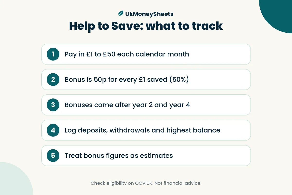 Help to Save: what to track: Pay in £1 to £50 each calendar month; Bonus is 50p for every £1 saved (50%); Bonuses come after year 2 and year 4; Log deposits, withdrawals and highest balance; Treat bonus figures as estimates