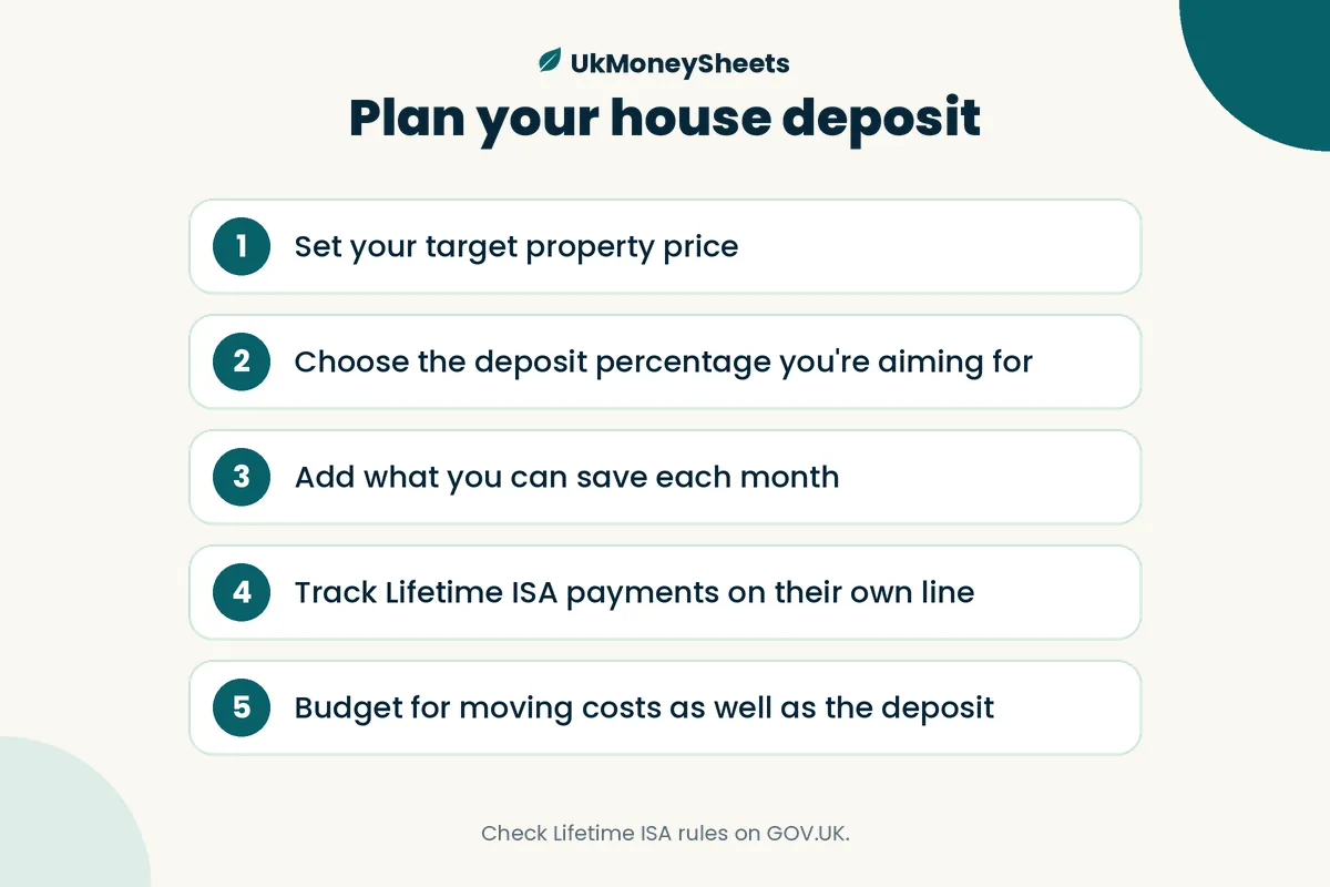 Plan your house deposit: Set your target property price; Choose the deposit percentage you're aiming for; Add what you can save each month; Track Lifetime ISA payments on their own line; Budget for moving costs as well as the deposit