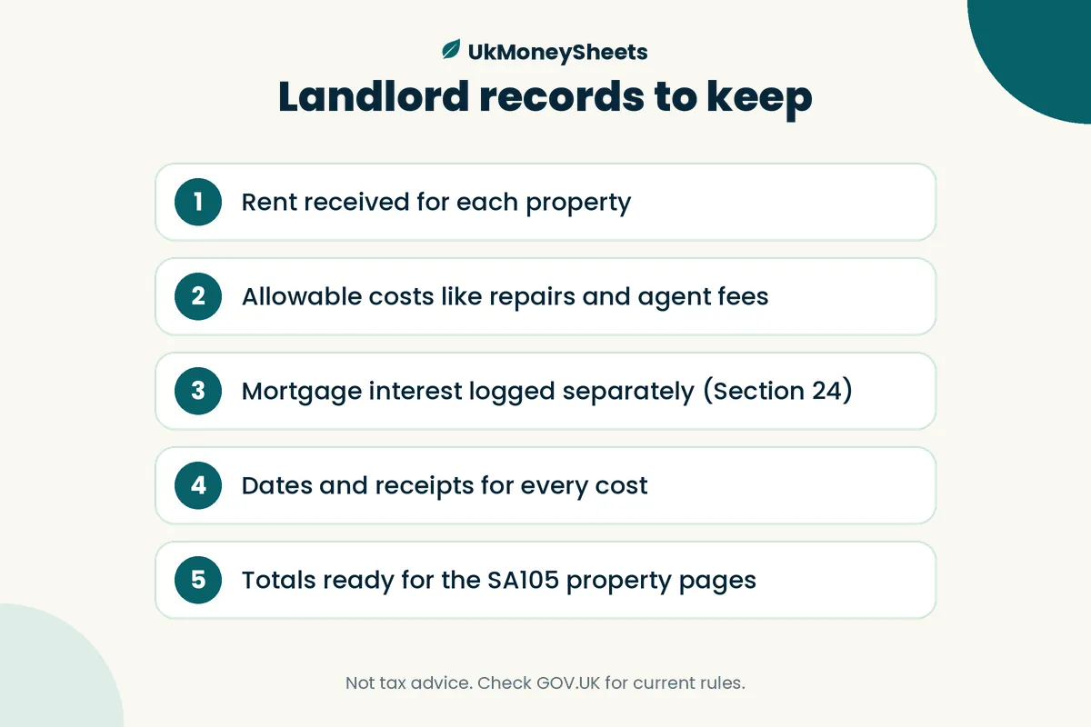 Landlord records to keep: Rent received for each property; Allowable costs like repairs and agent fees; Mortgage interest logged separately (Section 24); Dates and receipts for every cost; Totals ready for the SA105 property pages