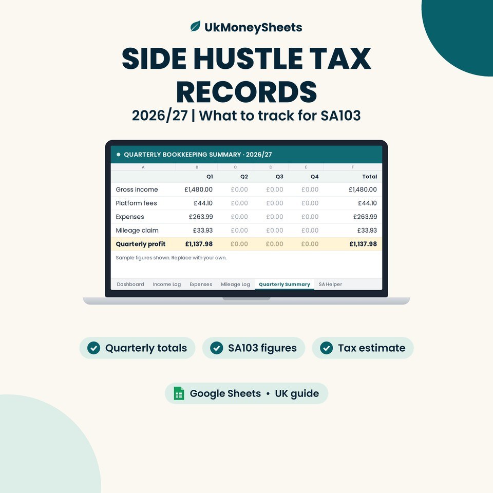 Side hustle records for SA103: Google Sheets dashboard preview, sample data